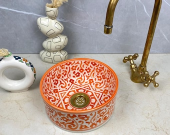 Handmade Orange Ceramic Sink: Moroccan Rustic Bathroom Vessel