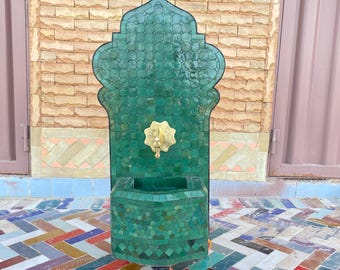 Handmade Moroccan Mosaic Water Fountain – Green Tile Design for Outdoor & Indoor Decor- Custom mosaic Fountain