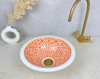 Moroccan Ceramic Vessel Sink – Orange and White Floral Hand Painted Bowl Basin