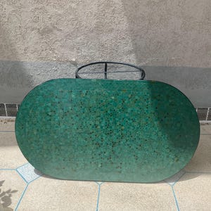 Elegant Oval Green Mosaic Table – Handcrafted with Intricate Hexagonal Tiles, Wrought Iron Base for Patio or Accent