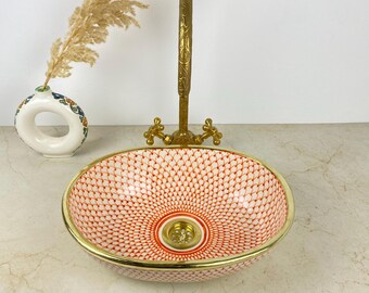 Handmade Moroccan Ceramic Oval Sink – orange Fish Scalle Sink , Gold Rim