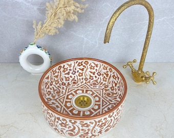 Lavabo de cerámica marroquí hecho a mano - Lavabo de baño artesanal marrón