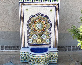 Handmade Moroccan Mosaic Fountain: Colorful Tile Brass Spout, Patio Garden Decor