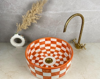 Handmade orange and White Ceramic Sink- Moroccan Rustic Bathroom Vessel