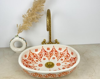Handmade Moroccan Ceramic Sink - Orange & White Geometric Vessel Basin