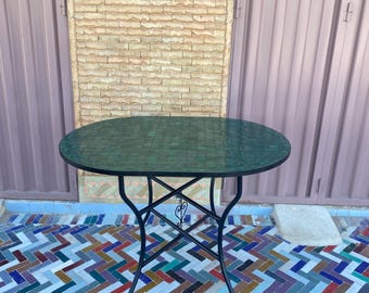 Elegant Oval Green Mosaic Table – Handcrafted with Intricate Hexagonal Tiles, Wrought Iron Base for Patio or Accent