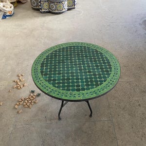 Handmade Moroccan Mosaic Table: Green Zellige Tile, Wrought Iron Base