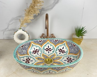 Lavandino in ceramica marocchina dipinto a mano: lavabo ovale personalizzato