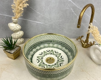 Green Moroccan SHEBKA Ceramic Vessel Sink - Brass Rim Boho Bathroom Bowl