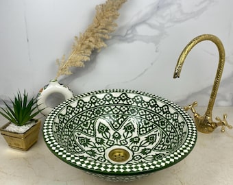Green DAJAL Ceramic Wash Basin With Wave rim- Handmade Moroccan Basin Sink