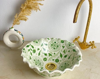 Lavabo en céramique vert siège, Lavabo de salle de bain fait main, Bassin floral marocain, Lavabo à rebord festonné, Lavabo artisanal