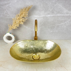 Handmade Hammered Brass Sink – Oval Gold Vessel Basin, Moroccan Countertop Washbasin for Bathroom