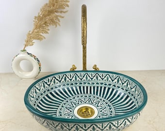 Handmade Moroccan Ceramic Sink - Tea Green  Geometric Vessel Basin