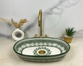Fabriqué à la main avec évier en céramique SHEBKA vert ovale élégant sur mesure - Lavabo de ferme du milieu du siècle