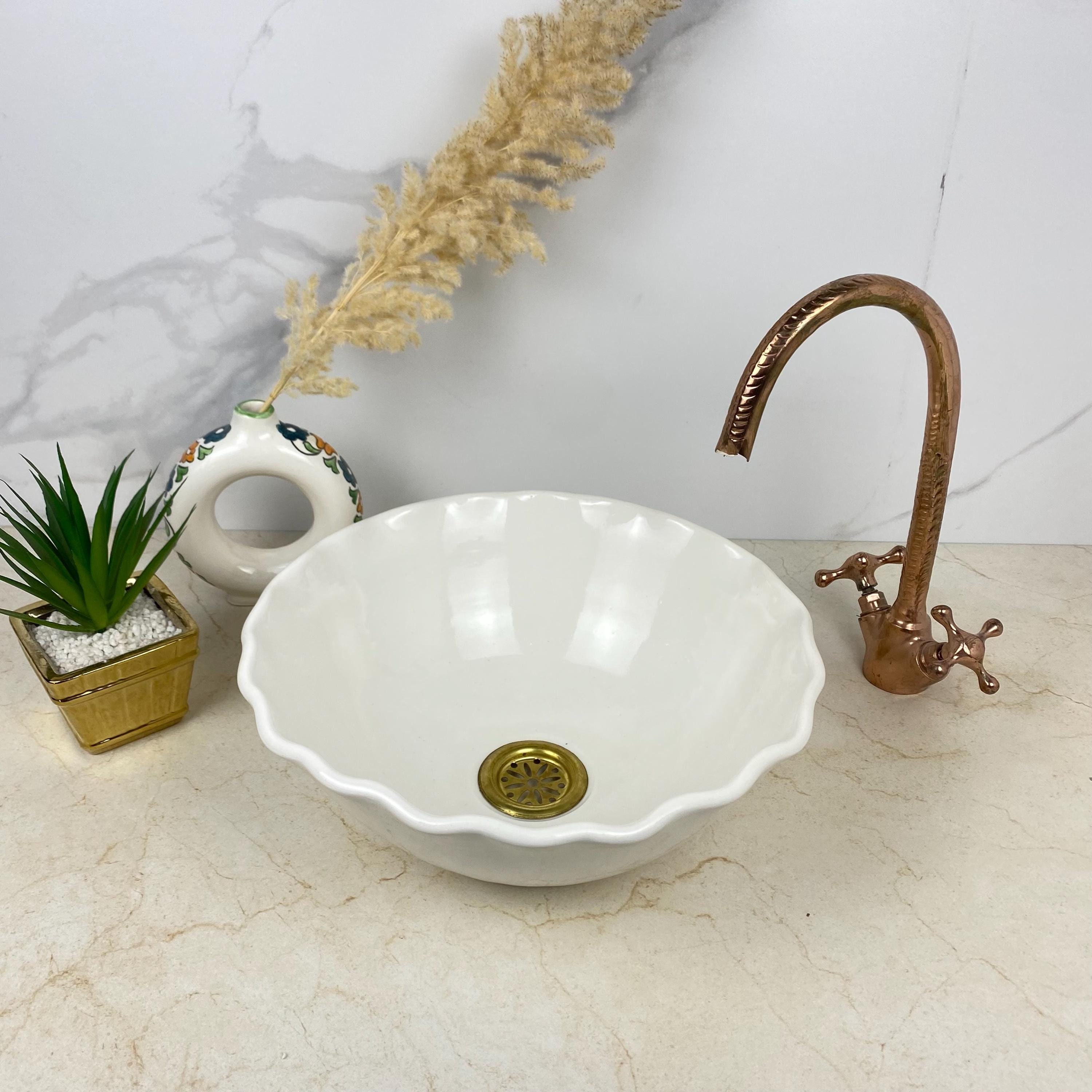 Vasque Marocaine Ronde En Céramique - Évier Lavabo à Poser/encastrer - 35 Cm