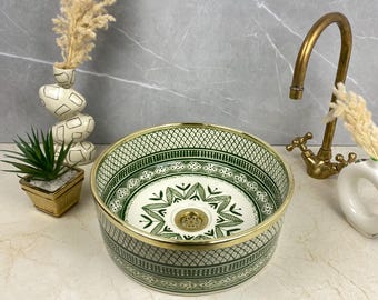 EMERALD GREEN Moroccan Ceramic Vessel Sink, Brass Rim Vanity Basin, Handmade Bathroom Countertop Bowl, Boho/Farmhouse Remodel Upgrade