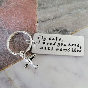 Fly Safe Custom Keychain Personalized Handmstamped Keyring with Airplane Charm Pilot Gift Flight Attendant Aviation Crew Frequent Traveller image 2