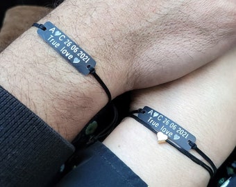 Couple Bracelets Personalized Matching His and Hers Bracelet Gift for Boyfriend Set of 2 Custom Engraved Initial Anniversary Date Lover Gift