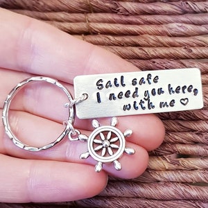 Personalized Keychain, Sail Safe, Ship&#39;s Wheel charm, Nautical, Boat, Helm, Aluminum, Engraved Keychain, Husband Gift, Boyfriend Gift