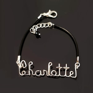 Pulsera de plata, pulsera con nombre, personalizada, de cuero, con nombre en alambre, regalo para novia, regalo para adolescente, letra en alambre, regalo para dama de honor, regalo para niño