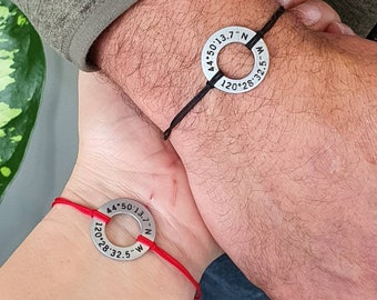 Juego de 2 pulseras personalizadas con coordenadas GPS, juego a juego grabado personalizado para parejas, relación de larga distancia, regalo para novio y marido