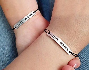 Set of 2 Personalized GPS Coordinates Bracelets, Engraved Latitude Longitude Matching Set His Hers Boyfriend, Couples Gift, Long Distance