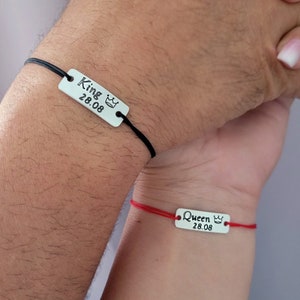 King and Queen Couples Bracelets with Date and Crown, Personalized Engraved Matching Bar Bracelets Set of 2, His and Hers Customized Gift image 1