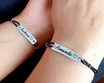 Juego de 2 pulseras de barra de nombre personalizado, pulseras de cuero personalizadas, conjunto a juego de parejas de él y ella, relación, regalo de novio de esposo