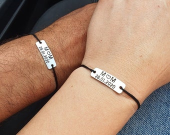 Personalized Bracelets Set, Engraved Matching Couples Bracelets, His and Hers Anniversary Couples Gift, Custom Initials and Date Bar Set