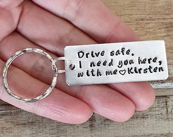 Personalized Drive Safe I Need You Here with Me Keychain, Engraved Couples Keyring, Customizable New Driver Gift, Husband, Boyfriend Gift