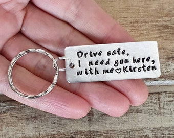 Personalized Drive Safe I Need You Here with Me Keychain, Engraved Couples Keyring, Customizable New Driver Gift, Husband, Boyfriend Gift