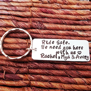 Personalized Keychain, Ride Safe, Motorcycle Key ring, Aluminum, Couples Keychain, Engraved Keychain, Husband Gift, Boyfriend Gift