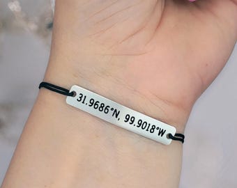 Custom Coordinates Bracelet • Latitude Longitude Jewelry • Personalized Couples Gift • Engraved Location Long Distance Relationship Gift