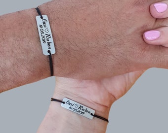 Conjunto de 2 pulseras personalizadas para parejas, juego a juego, regalo para marido o novio, personalizadas, grabadas, aniversario, nombre y fecha, para él y para ella.
