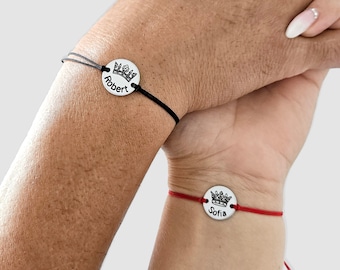 Personalized Couples Distance Bracelets, Custom Engraved Coin Charm, Names and Crown, His and Hers Matching Set, Boyfriend, Girlfriend Gift