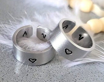 Custom Couples Cuff Rings, Set of 2 Matching Rings Engraved with Heart and Initials, His Hers Aluminum Band, Personalized, Hand stamped