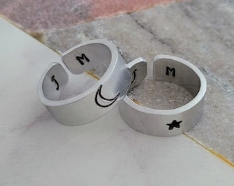 Couples Cuff Rings, Set of 2 Custom Engraved Rings Moon and Stars Monogram, Aluminum Band, Personalized, Handstamped, His Hers Matching Set