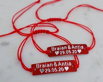 Couples Bracelets, Custom Engraved Matching Set of 2 Personalized Red Bar His and Hers Names and Date, Couples, Boyfriend Gift