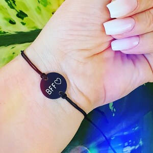 BFF Personalized Bracelet, Engraved Black Coin Charm Bracelet, Dainty Minimalistic Friendship Bracelet with Adjustable String, BFF Gift