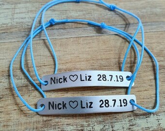 Set of 2 Personalized Couple Bracelets, Bar Bracelet, Date, Names, Couples Gift, Boyfriend, Customized, Matching Set, Engraved, For him
