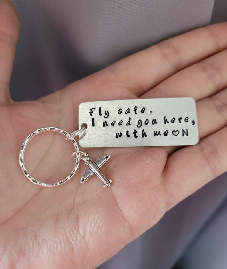 Fly Safe Custom Keychain Personalized Handmstamped Keyring with Airplane Charm Pilot Gift Flight Attendant Aviation Crew Frequent Traveller image 3