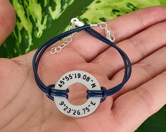 GPS Coordinates Personalized Leather Bracelet, Custom Engraved Washer, Couple Anniversary  Long Distance Gift, GPS Location