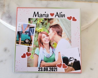 Custom Photo Magnet for Couples, Fridge Magnet with 3 Photos Collage, Names and Anniversary Date, Quality Personalized Print, Couples Gift