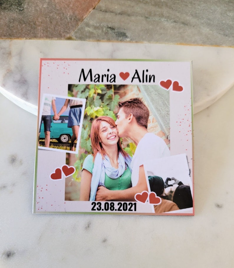 Custom Photo Magnet for Couples, Fridge Magnet with 3 Photos Collage, Names and Anniversary Date, Quality Personalized Print, Couples Gift image 1