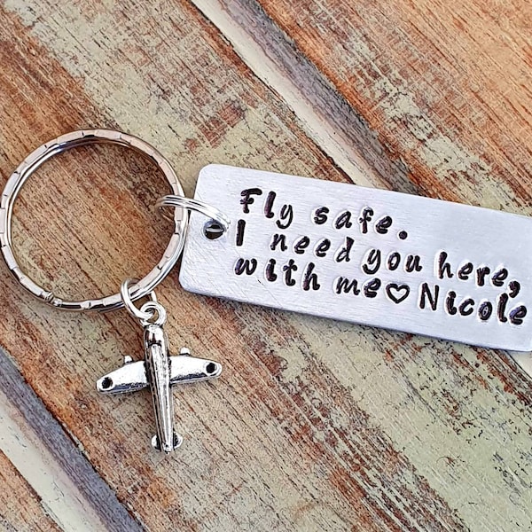 Fly Safe Custom Keychain Personalized Handmstamped Keyring with Airplane Charm Pilot Gift Flight Attendant Aviation Crew Frequent Traveller