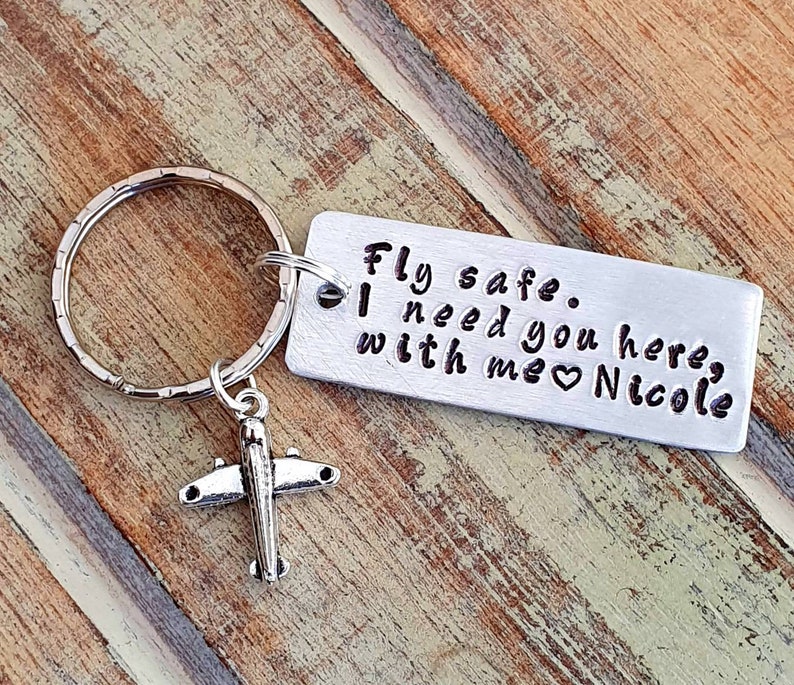 Fly Safe Custom Keychain Personalized Handmstamped Keyring with Airplane Charm Pilot Gift Flight Attendant Aviation Crew Frequent Traveller image 1
