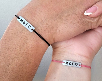 Couples Bracelets His and Hers Engraved Custom Initials with Heart, Matching Set of 2, Personalized Relationship Boyfriend Anniversary Gift