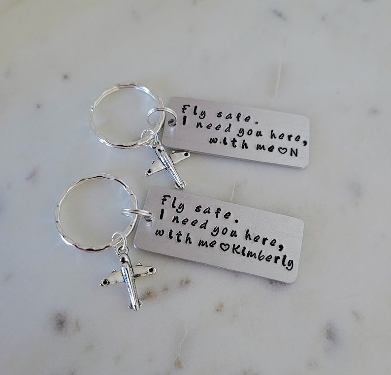 Fly Safe Custom Keychain Personalized Handmstamped Keyring with Airplane Charm Pilot Gift Flight Attendant Aviation Crew Frequent Traveller image 6