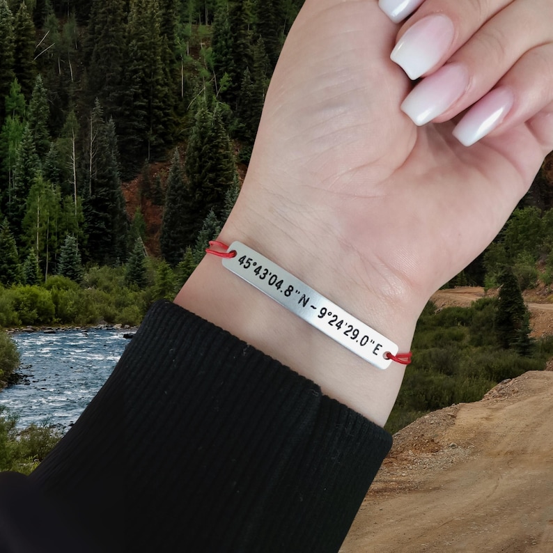 Personalized GPS Coordinates Bracelet, Custom Latitude Longitude, Engraved Location Bracelet, Couples Long Distance Gift, Adjustable Cord