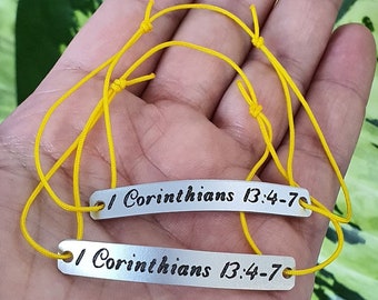 Set of 2 Personalized Engraved Bracelets Bar Bracelet, Corinthians 13 4-7 Custom Couples Lovers Gift, His and Hers Matching Bracelets Set